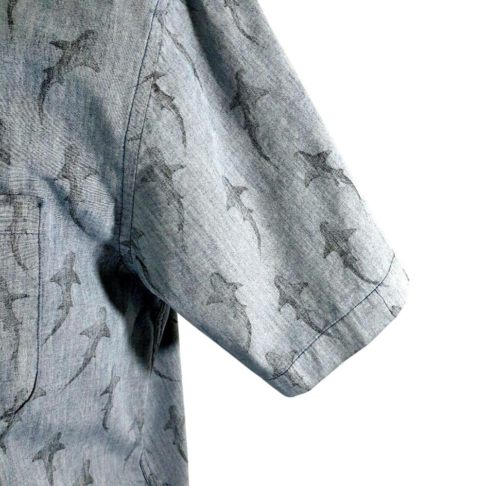 RSQ Collective Mens Medium Short Sleeve Shirt Shark Print Gray Casual Button Up - Picture 8 of 9